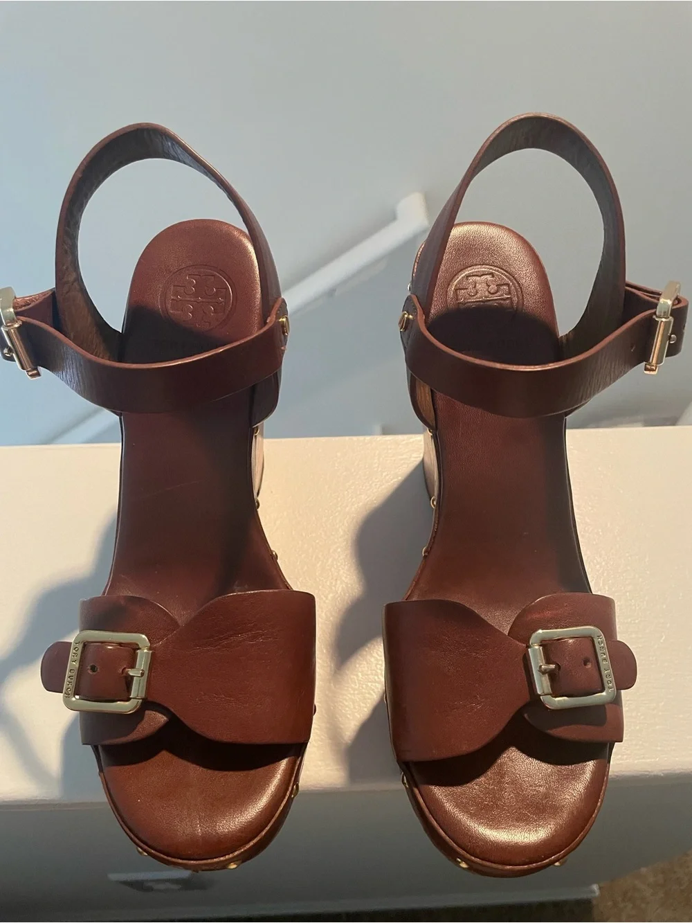 Tory Burch Brown Leather Wedge Sandals with Buckle